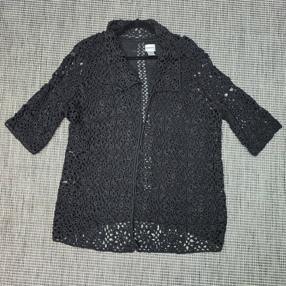 Chicos Crochet Knit Cardigan Sweater Women Large Black Bohemian Neutral Coquette - Picture 6 of 10